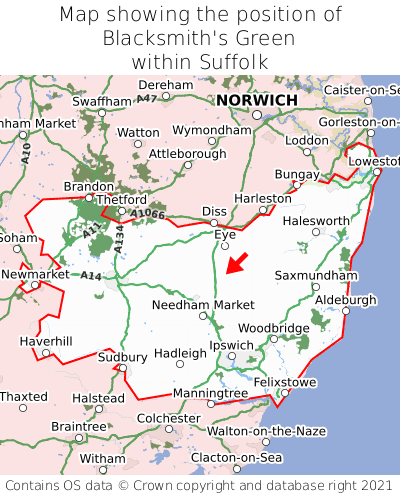 Map showing location of Blacksmith's Green within Suffolk