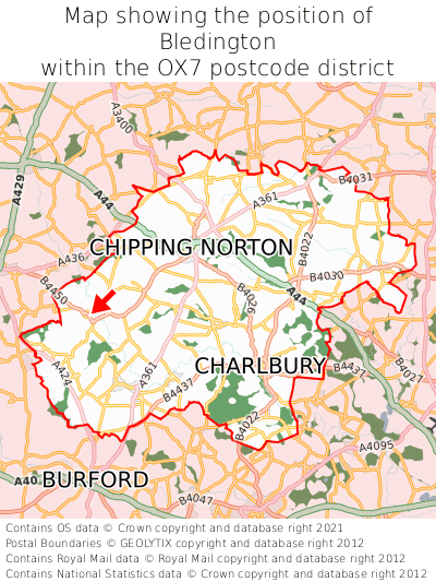 Map showing location of Bledington within OX7