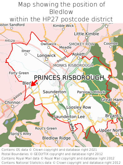 Map showing location of Bledlow within HP27