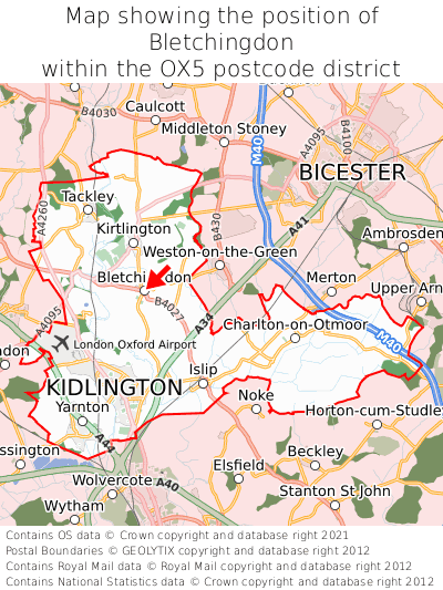Map showing location of Bletchingdon within OX5