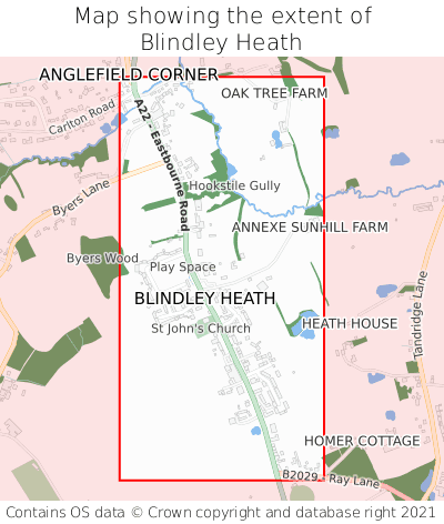 Map showing extent of Blindley Heath as bounding box