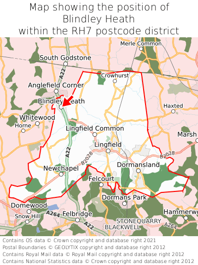 Map showing location of Blindley Heath within RH7