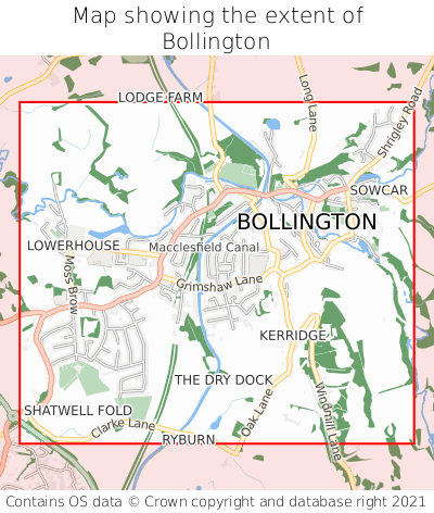 Map showing extent of Bollington as bounding box