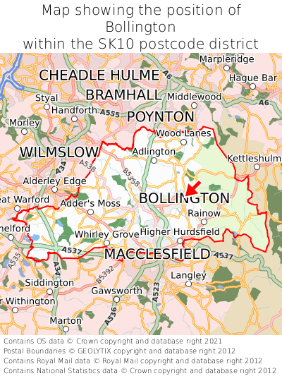 Map showing location of Bollington within SK10