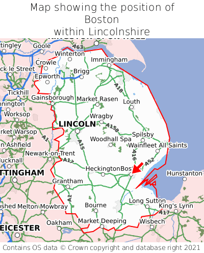 Map showing location of Boston within Lincolnshire