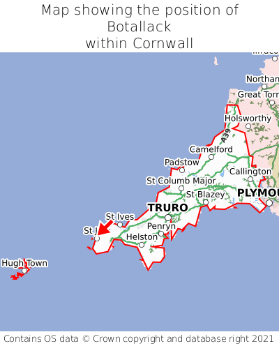 Map showing location of Botallack within Cornwall