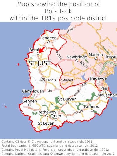 Map showing location of Botallack within TR19