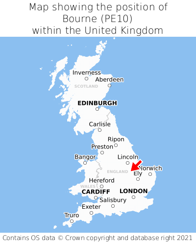 Map showing location of Bourne within the UK