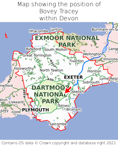 Map showing location of Bovey Tracey within Devon