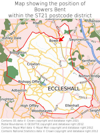 Map showing location of Bowers Bent within ST21