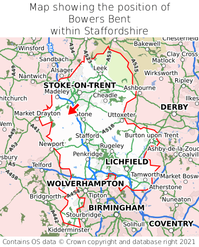 Map showing location of Bowers Bent within Staffordshire