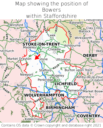 Map showing location of Bowers within Staffordshire