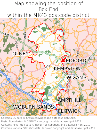 Map showing location of Box End within MK43