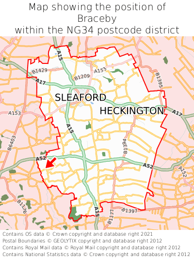 Map showing location of Braceby within NG34