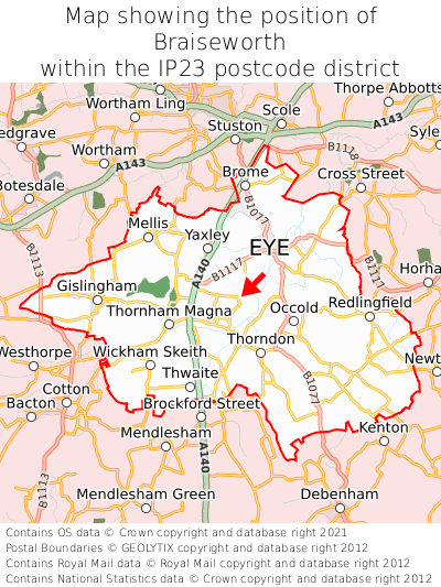 Map showing location of Braiseworth within IP23