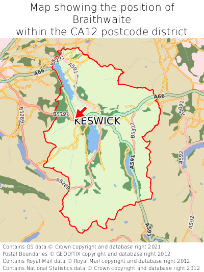 Map showing location of Braithwaite within CA12
