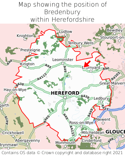 Map showing location of Bredenbury within Herefordshire