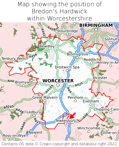 Map showing location of Bredon's Hardwick within Worcestershire