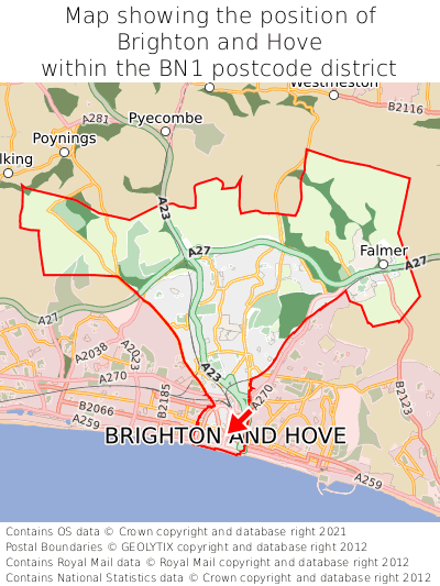 Map showing location of Brighton and Hove within BN1