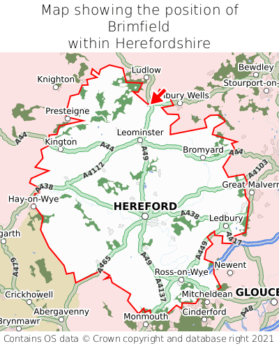 Map showing location of Brimfield within Herefordshire