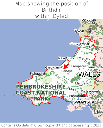 Map showing location of Brithdir within Dyfed