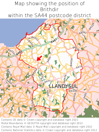 Map showing location of Brithdir within SA44