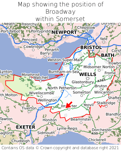 Map showing location of Broadway within Somerset