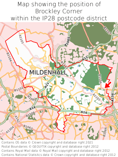Map showing location of Brockley Corner within IP28