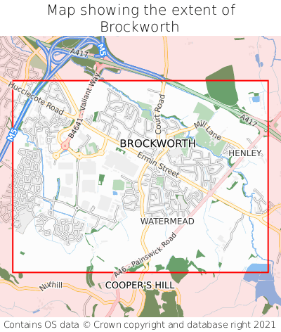 Map showing extent of Brockworth as bounding box