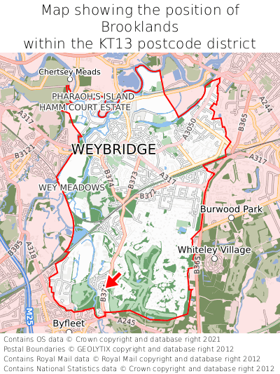 Map showing location of Brooklands within KT13