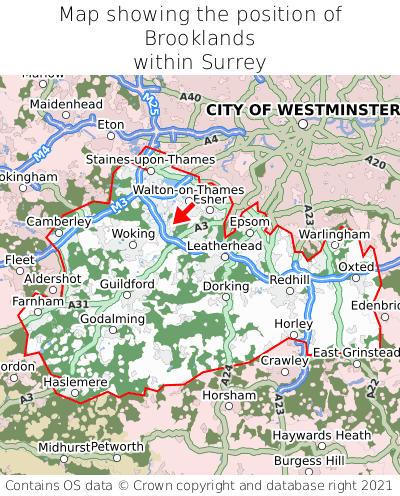 Map showing location of Brooklands within Surrey