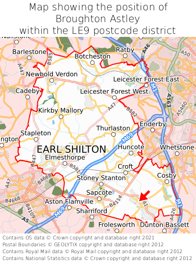 Map showing location of Broughton Astley within LE9