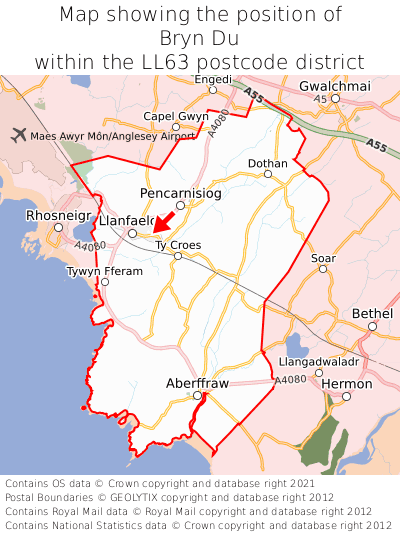 Map showing location of Bryn Du within LL63