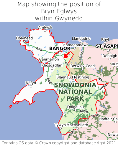 Map showing location of Bryn Eglwys within Gwynedd