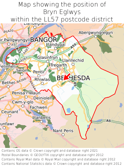 Map showing location of Bryn Eglwys within LL57