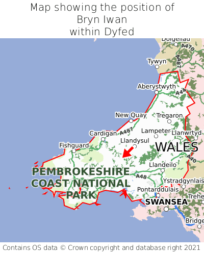 Map showing location of Bryn Iwan within Dyfed