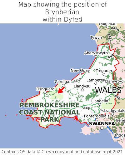 Map showing location of Brynberian within Dyfed