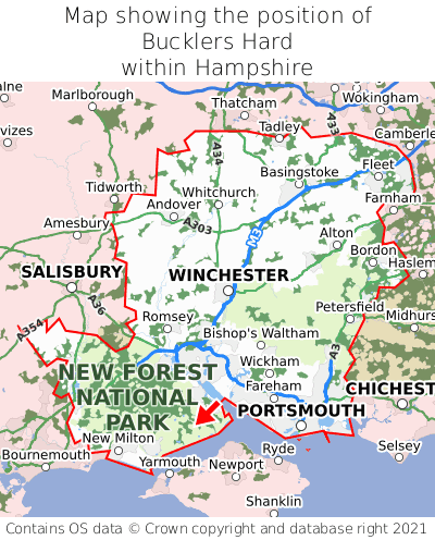 Map showing location of Bucklers Hard within Hampshire