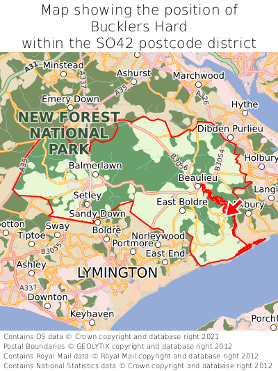 Map showing location of Bucklers Hard within SO42