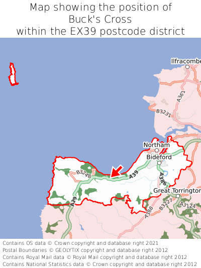 Map showing location of Buck's Cross within EX39