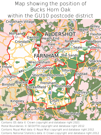 Map showing location of Bucks Horn Oak within GU10