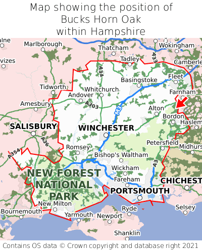 Map showing location of Bucks Horn Oak within Hampshire