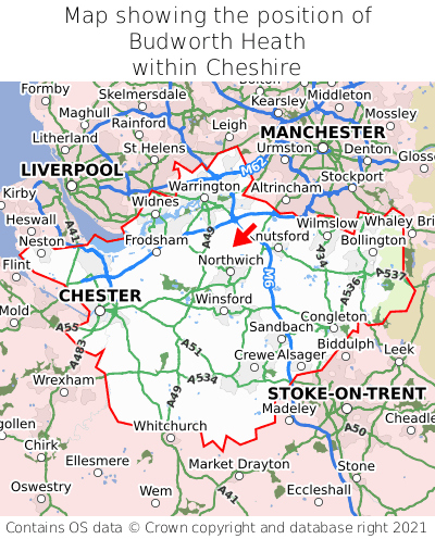 Map showing location of Budworth Heath within Cheshire