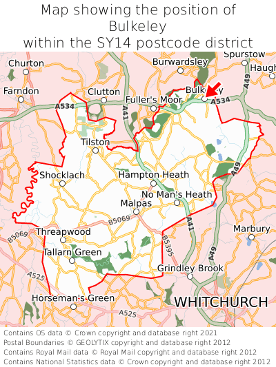 Map showing location of Bulkeley within SY14