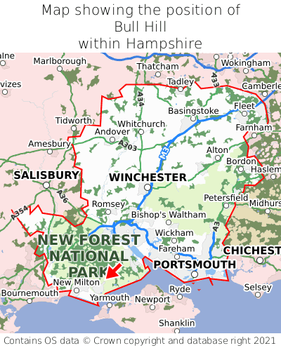 Map showing location of Bull Hill within Hampshire