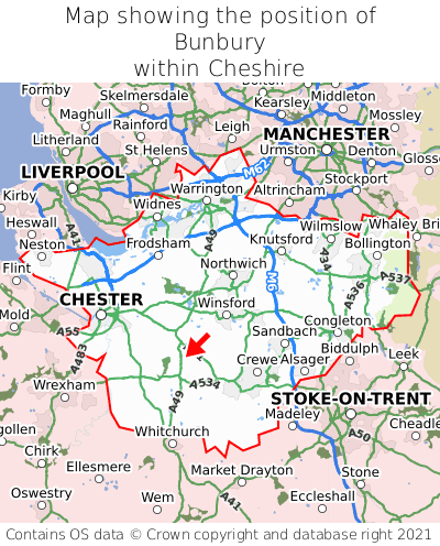 Map showing location of Bunbury within Cheshire