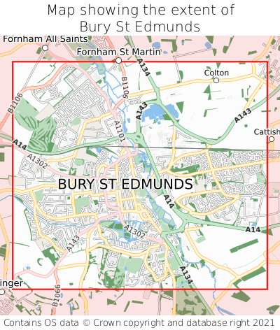 Map showing extent of Bury St Edmunds as bounding box