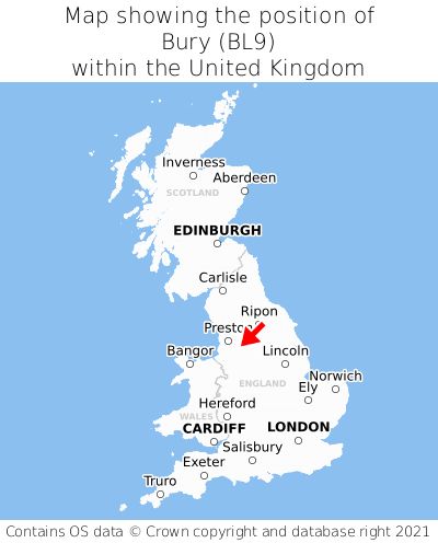 Map showing location of Bury within the UK