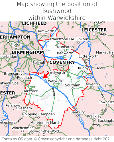 Map showing location of Bushwood within Warwickshire