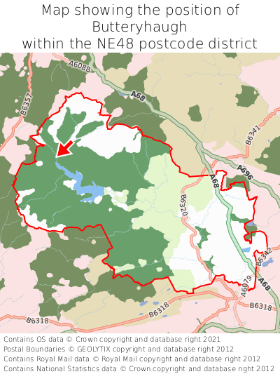 Map showing location of Butteryhaugh within NE48